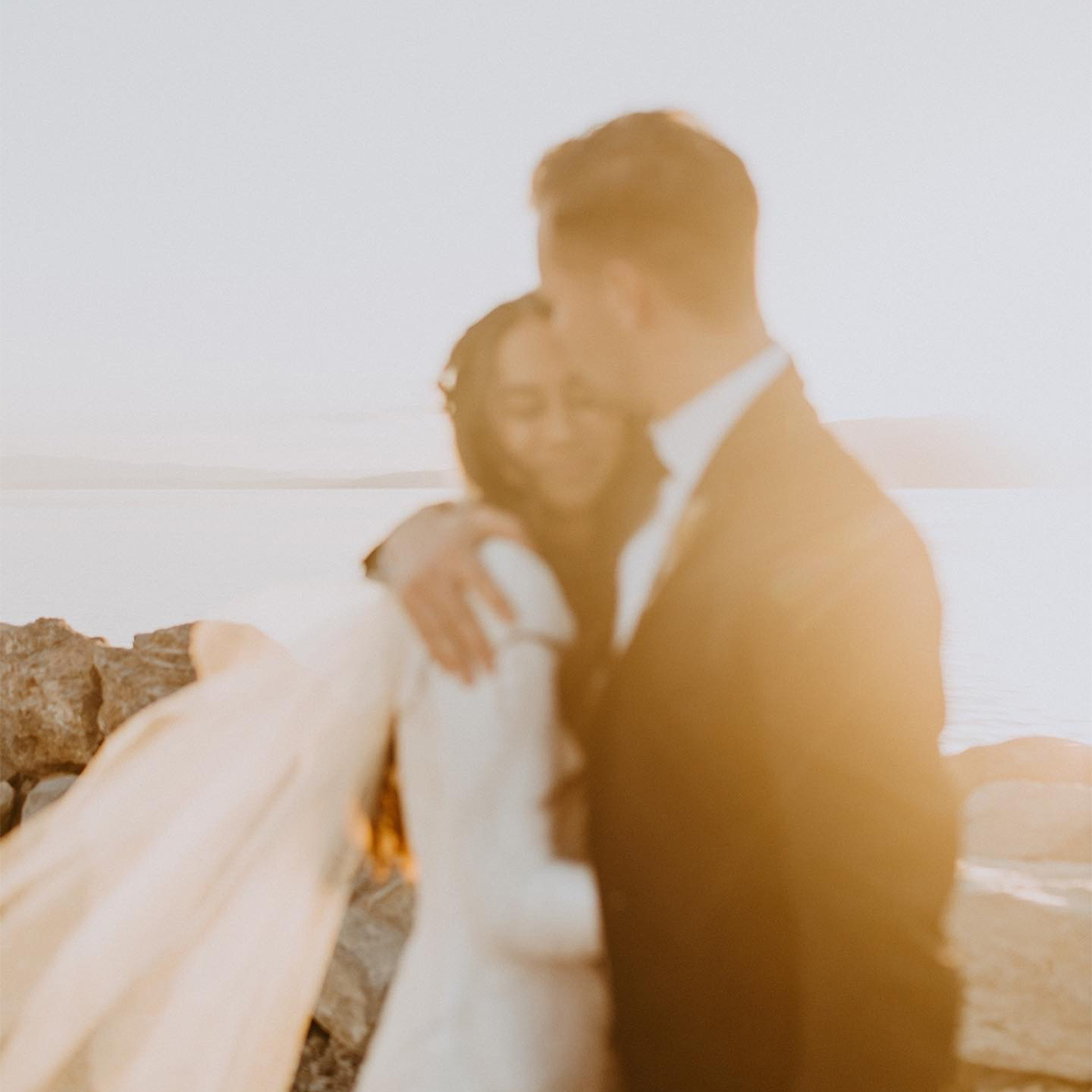 artistic blurred portrait of couple on their wedding day