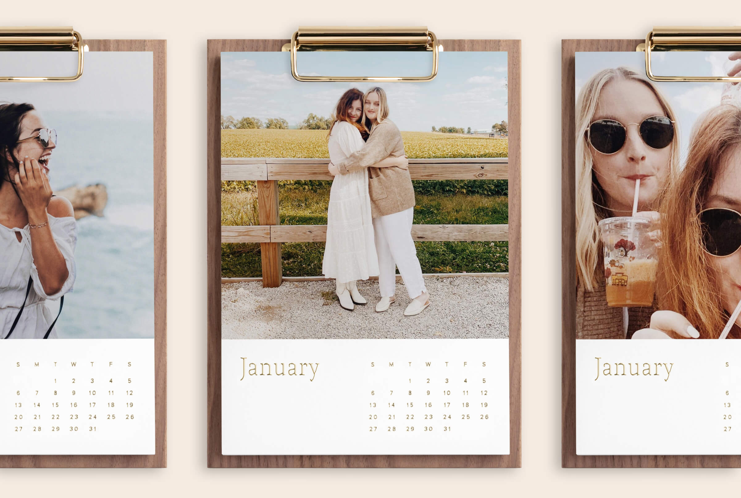 Three monthly photo calendars picturing friends